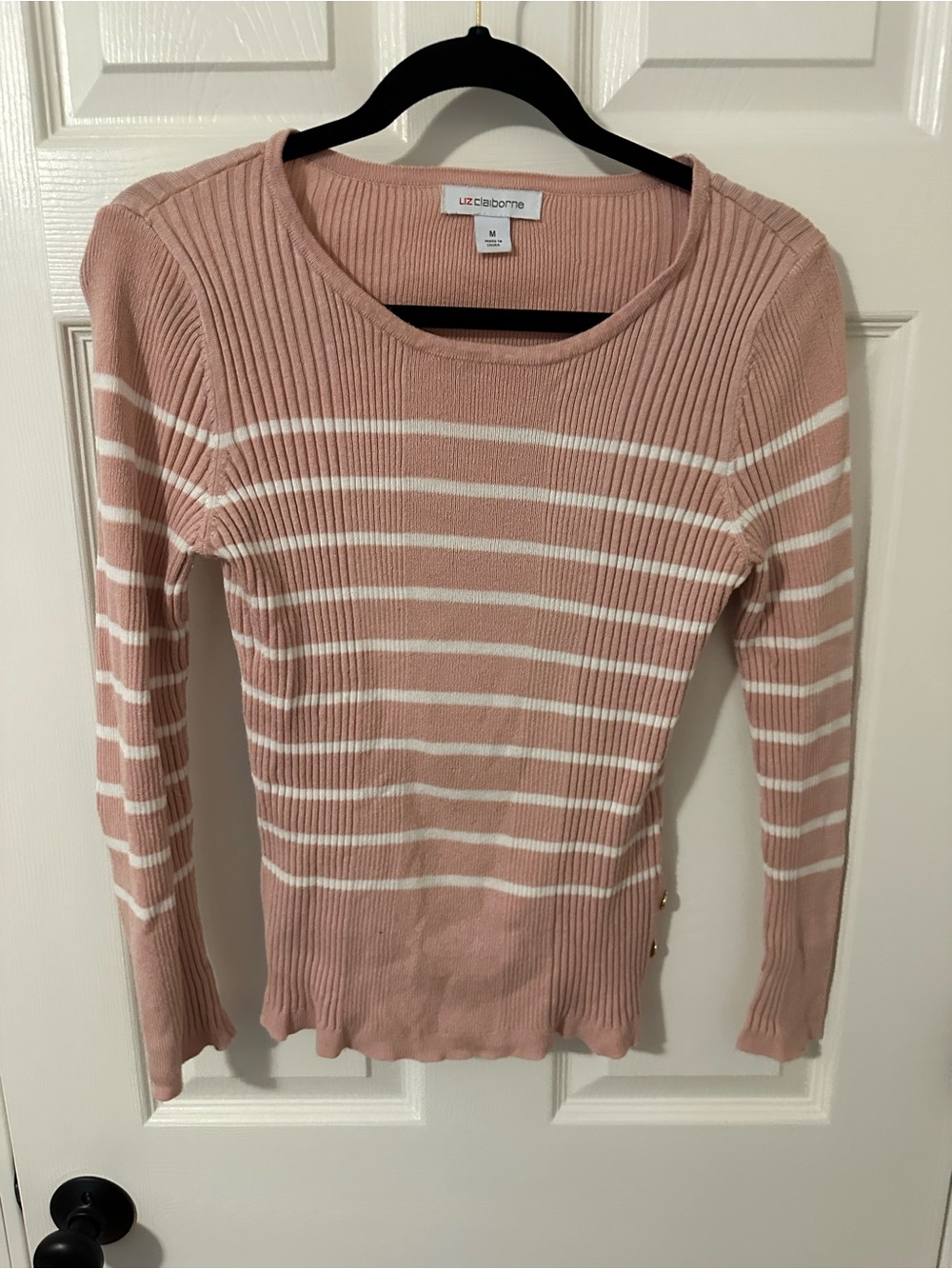 Liz Claiborne Blush Pink and White Striped Ribbed Scoop Neck Sweater